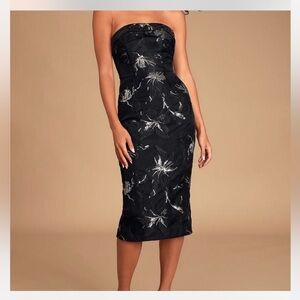 Rare! NWT Bariano Lucina Jacquard Strapless Black w gold Cocktail Dress